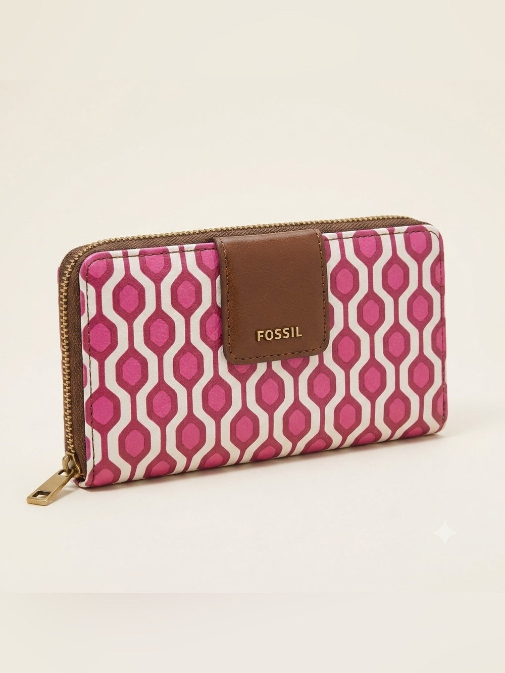 Fossil Pink Geometric Zip-Around Wallet with Brown Trim
